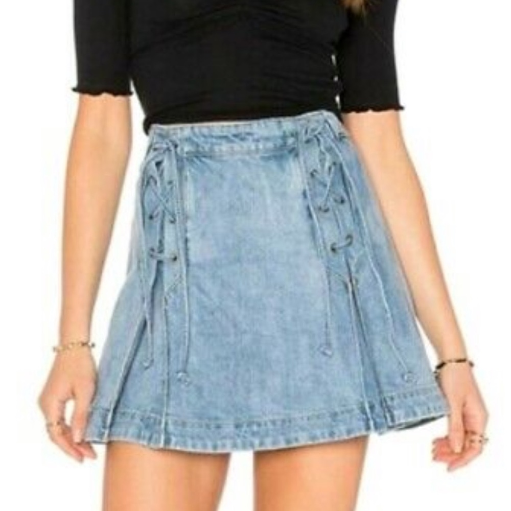 Free People Lace Up Denim Jean Skirt